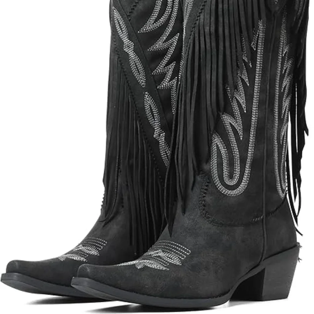 Women Fringe Knee High Cowgirl Western Boots with Classic Embroidery Pointed Toe - Picture 4 of 5